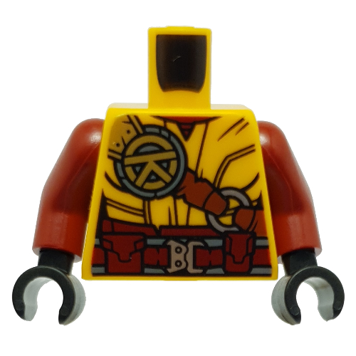 Lego Torso Robe, Reddish Brown Strap with Yellow Asian Symbol, Red Utility Belt print, Dark Red Arms, Black Hands / Bright Light Orange