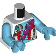 Lego Torso, White/Red/Silver Jacket, Zipper, Medium Azure Chest, Magenta Beads on Strap print, Medium Azure Arms and Hands / White