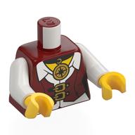 Lego Torso, Jacket, Gold Clasps, Black Necklace with Compass Pendant, White Shirt, Yellow Chest print, White Arms, Yellow Hands / Dark Red