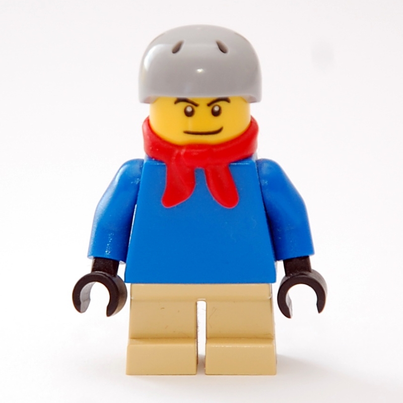 Lego Boy, Plain Blue Torso, Short Tan Legs, Red Scarf, Helmet