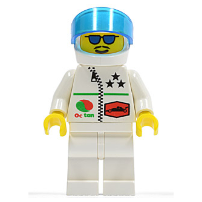 Lego Racer, White Jacket with Zipper and Octan Logo, White Helmet with Visor, Blue Sunglasses