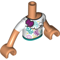 Lego Minidoll Torso Girl with White Shirt, Black Trim, Dark Turquoise Belt, Butterflies print, Nougat Arms / Nougat