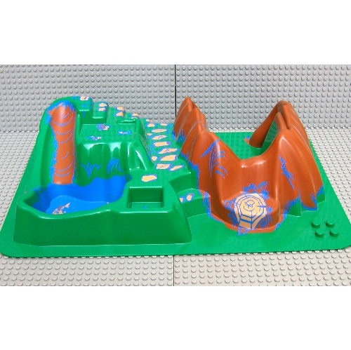 Lego Duplo Baseplate, Raised 16 x 24, with Stairs and Slide, Dark Orange Tree Hollow, and Blue Pond Print / Green