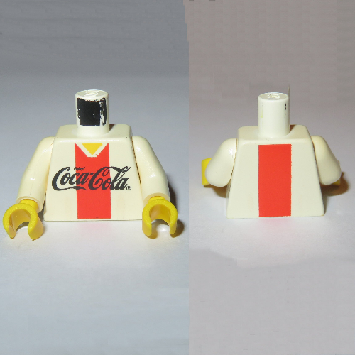 Lego Torso V-Neck Shirt with Coca-Cola Logo and Red Stripe Print, White Arms, Yellow Hands / White