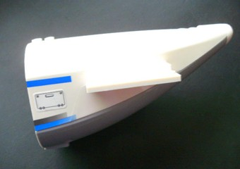 Lego Aircraft Fuselage Aft Section Curved with Fixed Light Bluish Gray Base and White Hard Rubber Tip with Dark Bluish Gray and Blue Stripes, Access Panel Pattern on Both Sides (Stickers) - Set 7893