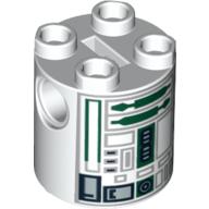 Lego Brick Round 2 x 2 x 2 Robot Body, Axle Holder '+' Orientation with Gray and Dark Green Astromech Droid Print (R4-P44) / White