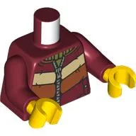 Torso Winter Coat, Zipper, Tan, Orange, and Dark Red Panels, Olive Green Sweater Print, Dark Red Arms, Yellow Hands / Dark Red
