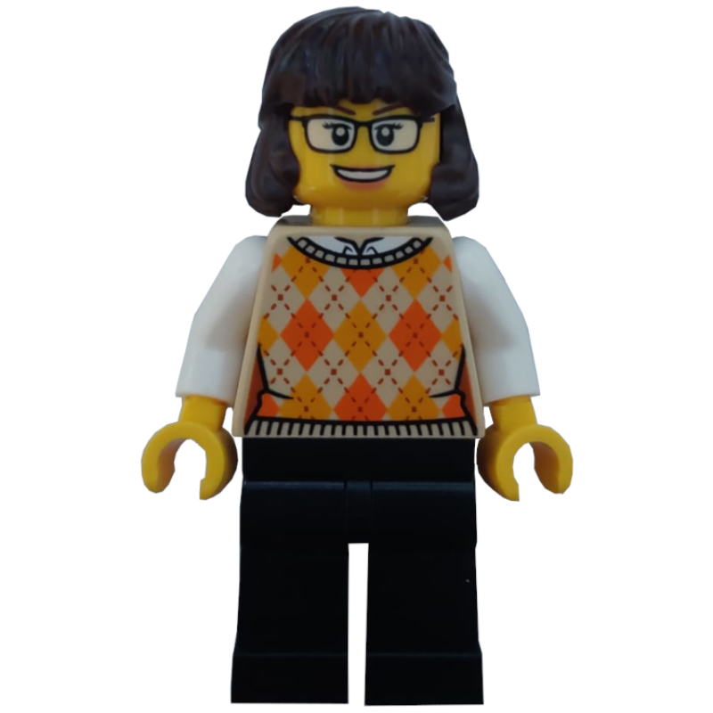 Lego Tan Torso, Sweater, Black Legs, Reddish Brown Hair