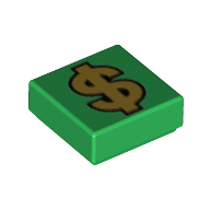 Lego Tile 1 x 1 with Gold Dollar Sign print / Green