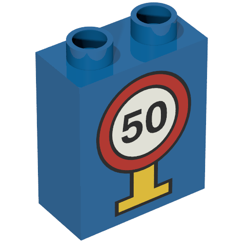 Lego Duplo Brick 1 x 2 x 2 with Road Sign Speed Limit 50 Print / Blue