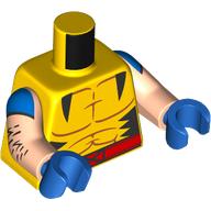 Lego Torso Muscle Outline, Black Triangles, Red Belt with X Print, Light Nougat Arms with Blue Triangles and Hair Print, Blue Hands / Yellow