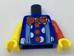 Torso Clown Outfit with Medium Blue Suspenders, Red Pom-Poms and Bow Tie, White Polka Dots Pattern / Red Arm Left / Yellow Arm Right / Yellow Hands