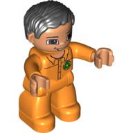 Lego Duplo Figure with Parted Wavy Hair Black, Nougat Hands, Green Recycling Logo, Brown Eyes Print (Garbage Collector) / Orange