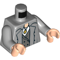 Lego Torso Trench Coat, Front with Buttons, Dark Bluish Gray Vest, White Shirt and Gold Medallion print, Light Bluish Gray Arms, Light Nougat Hands / Light Bluish Gray