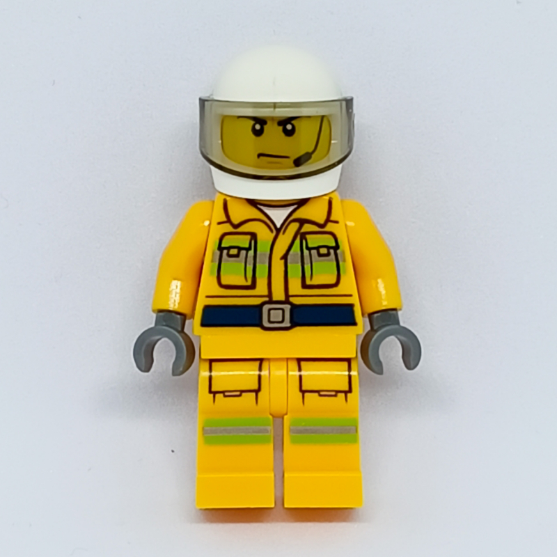 Lego Fireman, Bright Light Orange Fire Suit, White Helmet with Visor, Headset