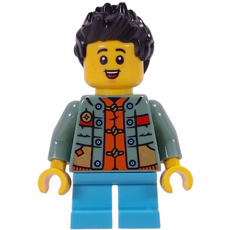 Lego Kid, Sand Green Torso, Medium Azure Legs, Black Hair
