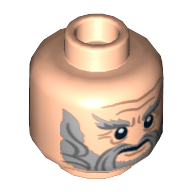 Lego Minifig Head Dori the Dwarf, Dual Sided, Beard Gray Full, Bushy Eyebrows and Wrinkles, Calm / Battle Rage Print [Hollow Stud] / Light Nougat