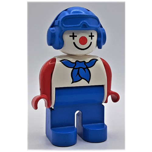 Lego Duplo Figure, Early, Aviator Hat Blue, Blue Legs, Blue Scarf, Red Arms, Clown Face Paint / White