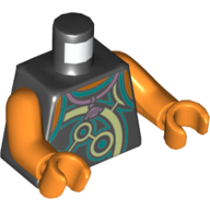 Lego Torso Vest with Yellowish-Green and Dark Turquoise Circles, Necklace with Saturn Print, Orange Arms and Hands / Black