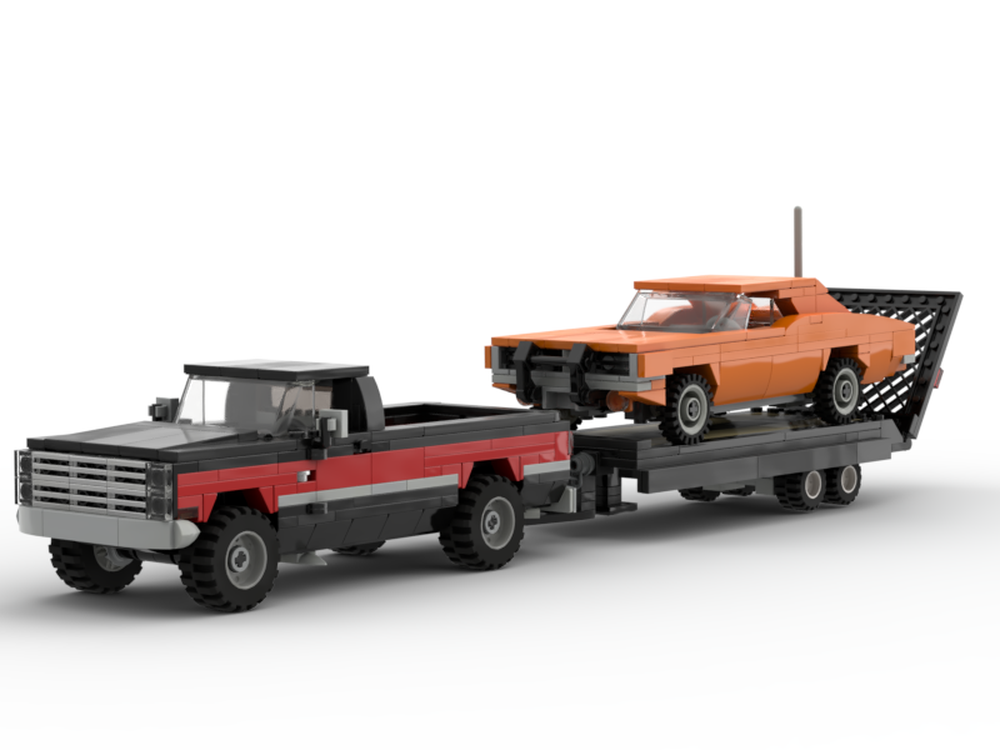Lego 1985 GMC Sierra, 1969 Dodge Charger R/T (General Lee) and trailer