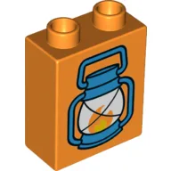 Duplo Brick 1 x 2 x 2 with Blue Lantern and Flame Print / Orange