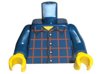 Lego Torso Shirt Dark Red Plaid, 4 White Buttons, Narrow Yellow Neck Pattern / Dark Blue Arms / Yellow Hands