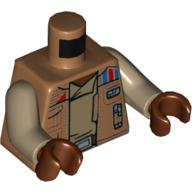 Lego Torso Vest with Pockets and Red and Blue Lines on Shoulder, Open over Dark Tan Undershirt with Belt Print, Dark Tan Arms, Reddish Brown Hands / Medium Nougat