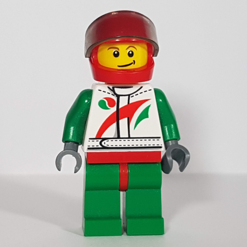 Lego Racer, White and Green Jumpsuit with Octan Logo, Red Helmet with Visor
