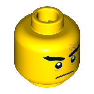 Lego Minifig Head Shark Army, Thick Eyebrows, Large Medium Nougat Scar with Stitches, Thin Black Closed Mouth Frown Print [Hollow Stud] / Yellow