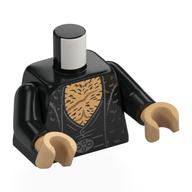 Lego Torso, Open Coat, Fur, Silver Belt Buckle, Black Shirt, Warm Tan Chest, Hair print, Black Arms, Warm Tan Hands / Black