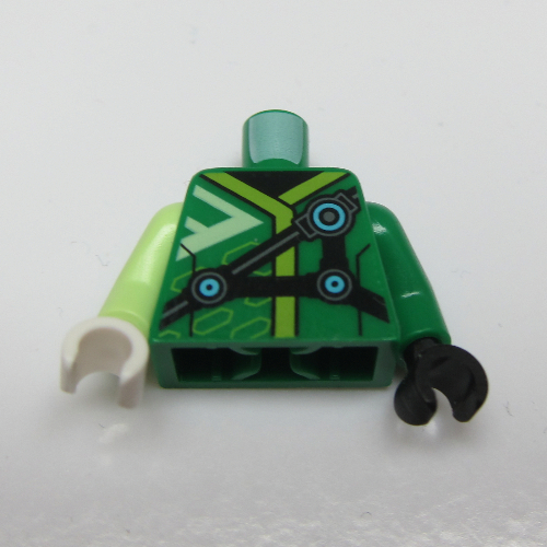Lego Torso, Odd Arms and Hands, Robe with Lime Trim, Black Straps with Azure Circles Print, Left Green Arm and Black Hand, Right Yellowish Green Arm and White Hand / Green
