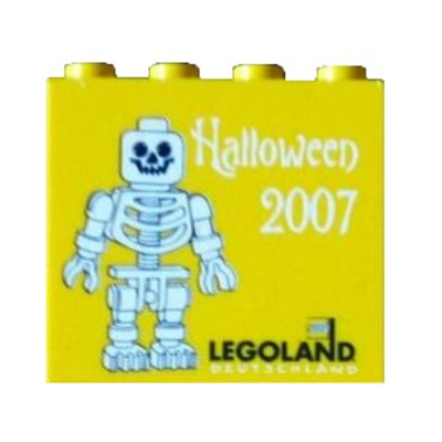 Lego Brick 2 x 4 x 3 with 'LEGOLAND Deutschland Halloween 2007', Skeleton Minifig Print / Yellow