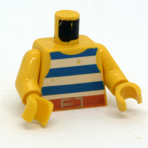 Lego Torso Vest with Blue and White Stripes with Black Belt Buckle Print, Yellow Arms and Hands / Yellow