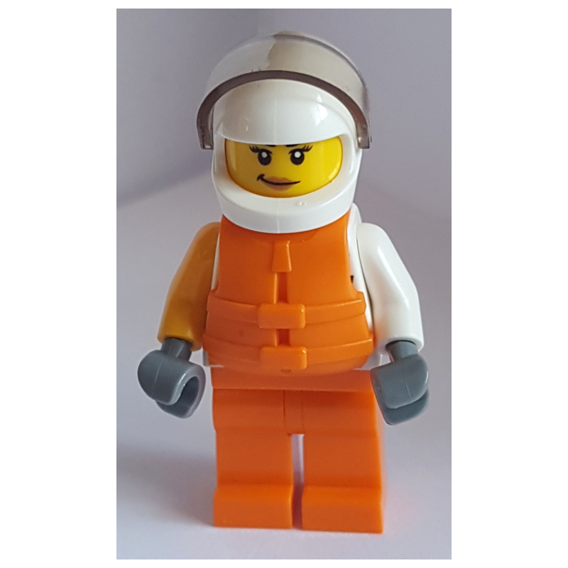 Lego Racer, Woman, White and Orange Jumpsuit with 'VITA RUSH', White Helmet with Visor, Orange Life Vest