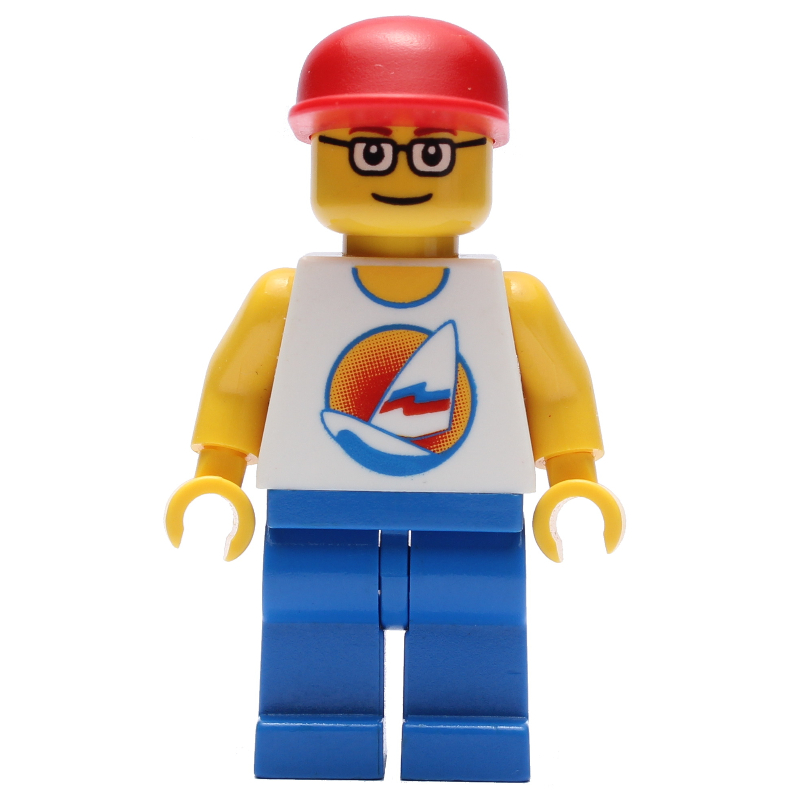 Lego Man, White Tank Top with Windsurfer, Blue Legs, Red Cap, Glasses