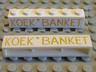 Lego Brick 1 x 6 without Bottom Tubes with Cross Side Supports with Light Gold 'KOEK ' BANKET' Thin Pattern