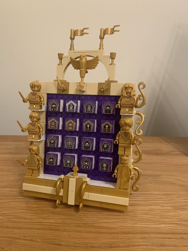 Lego Chocolate frog wizard card and gold minifig display