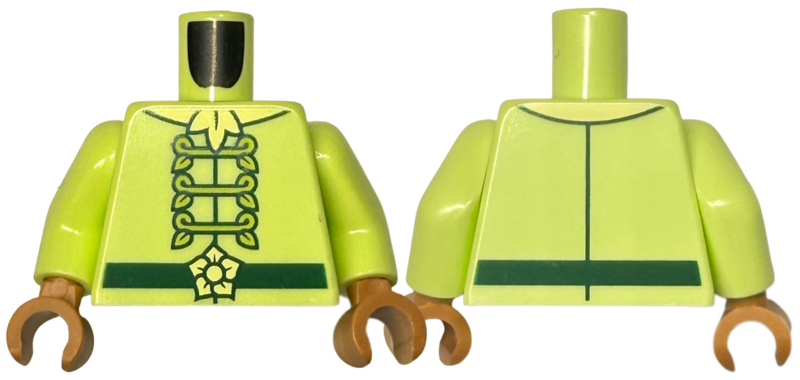 Lego Torso Jacket with Lime Leaf Fasteners, Dark Green Belt with Bright Light Yellow Flower, Ascot Pattern / Yellowish Green Arms / Medium Nougat Hands