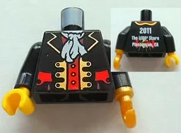 Torso Pirate Captain Jacket Open with Gold Trim and Red Pockets over Red Shirt, White Ascot, 2011 The LEGO Store Pleasanton, CA Back Pattern / Black Arms / Pearl Gold Hook Left / Yellow Hand Right