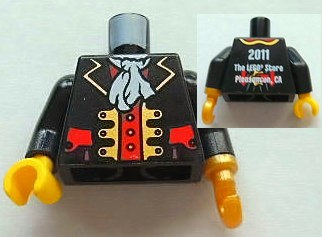 Lego Torso Pirate Captain Jacket Open with Gold Trim and Red Pockets over Red Shirt, White Ascot, 2011 The LEGO Store Pleasanton, CA Back Pattern / Black Arms / Pearl Gold Hook Left / Yellow Hand Right
