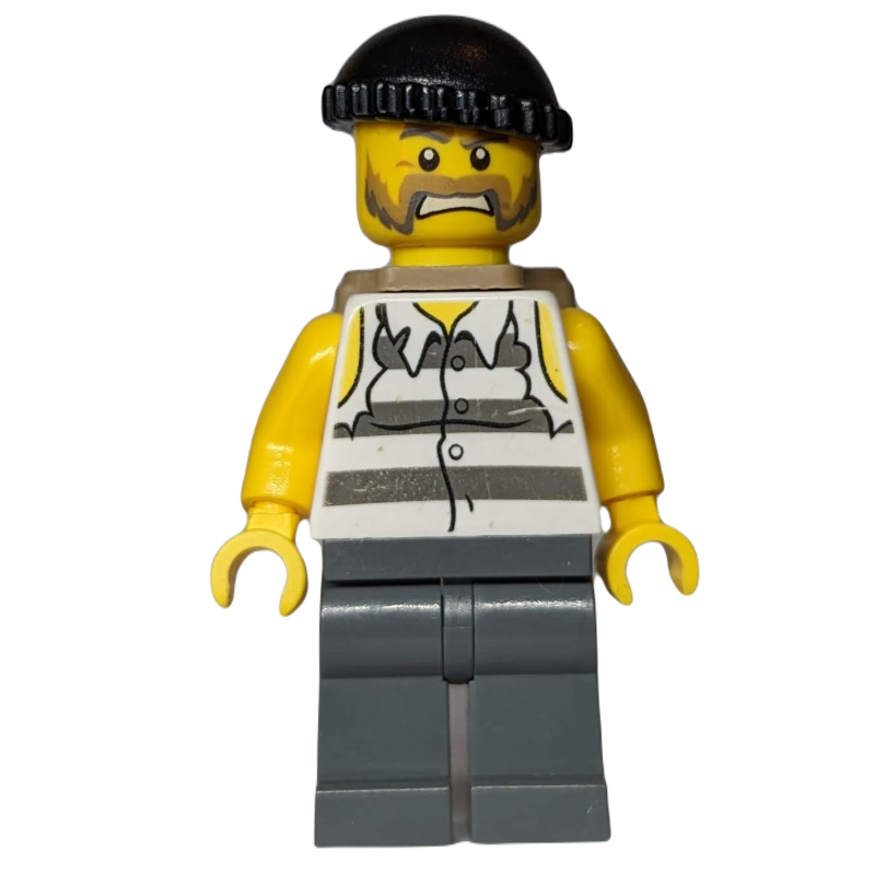 Lego Criminal, Torn Prison Shirt, Dark Bluish Gray Legs, Black Hat, Dark Tan Backpack Beard