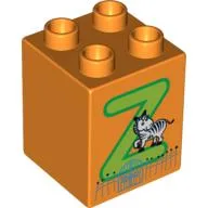 Duplo Brick 2 x 2 x 2 with 'Z' and Zebra in Zoo Print / Orange