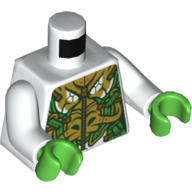 Lego Torso Armor, Intricate Gold and Bright Green Design, Zipper Print, White Arms, Bright Green Hands / White