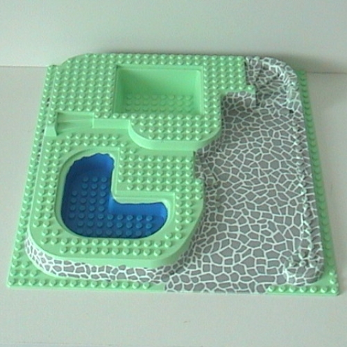 Lego Baseplate Raised 32 x 32 with Ramp, Stairs, and Two Pits with Stone Ramp and Blue Pool Print / Light Green