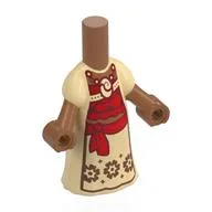 Microdoll Body Long Dress Tan with Red Sash, Red/Dark Red Front, Copper Flowers Print / Sienna Brown