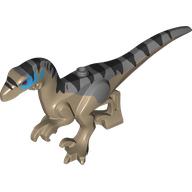 Lego Animal, Dinosaur, Raptor, Adult with Dark Bluish Grey Tail, Black Markings, Blue Face print / Dark Tan