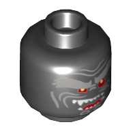 Lego Minifig Head Garmadon, Light Bluish Gray Bushy Eyebrows, Red Eyes, Open Mouth Crooked Smile Right Raised with Fangs Print / Black