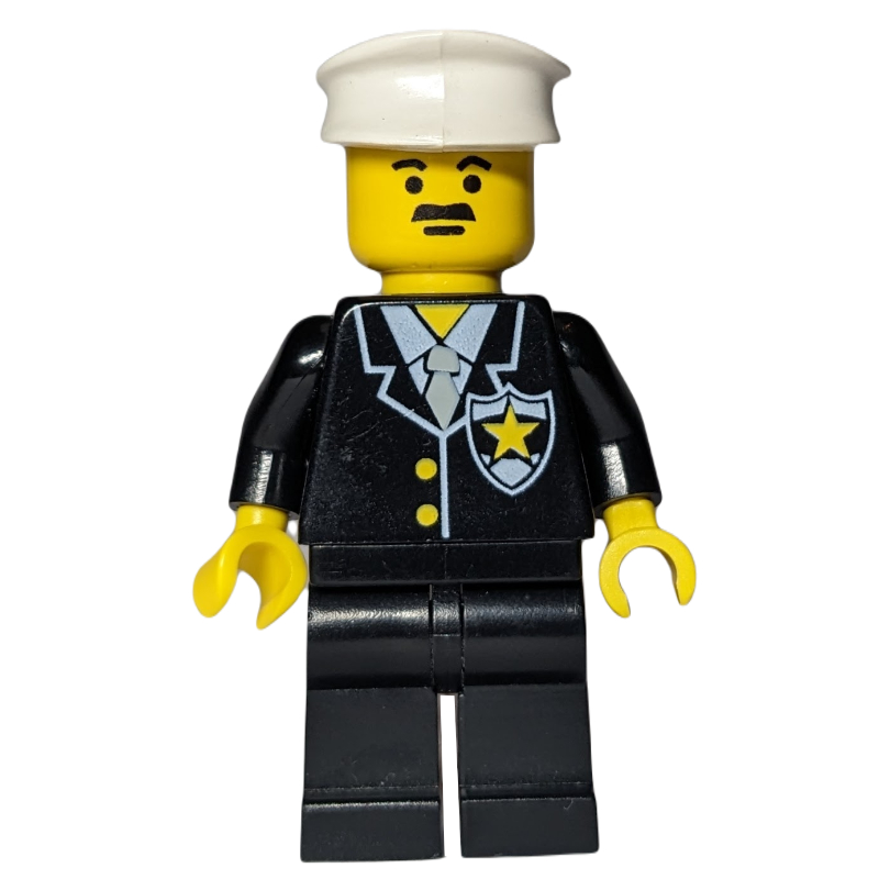Lego Policeman, Black Suit with Tie and Badge, White Hat, Moustache