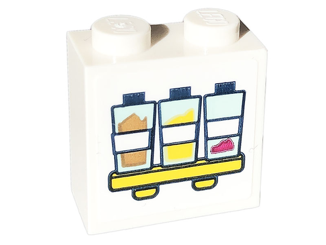 Lego Brick, Modified 1 x 2 x 1 2/3 with Studs on Side with 3 Bottles on Yellow Shelf Pattern (Sticker) - Set 41703
