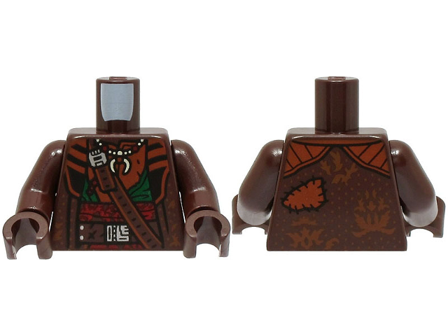 Lego Torso Coat with Reddish Brown Lapels, Belt with Silver Buckle, Necklace, Dark Green Shirt, Dark Red Sash Pattern / Dark Brown Arms / Dark Brown Hands